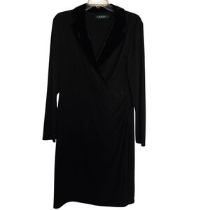 NWT Ralph Lauren Elegant Black Velvet Collar Faux Wrap Long Sleeve Dress